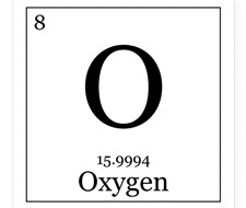 the element oxygen with the symbol O and atomic number 8 and Mass of 15.999