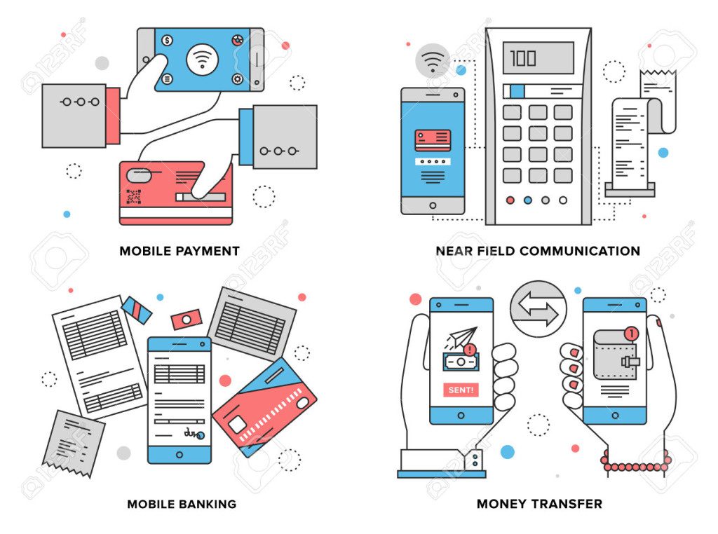 Flat line illustration set of mobile payment process, wireless money transfer via near field communication, online banking on smartphone. Modern design vector concept, isolated on white background.