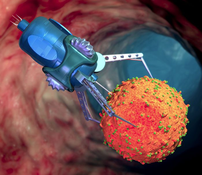 Medical nanorobot. Computer artwork of a medical nanorobot injecting a drug into an infected cell in a human body. The cell is a T-cell, a type of white blood cell that mediates cellular responses of the immune system. Some T-cells are affected by HIV (human immunodeficiency virus), the virus that causes AIDS (acquired immune deficiency syndrome). The drug may be treating the cell for infection by HIV. This is an example of the future development of microscopic robot technology to treat diseases in new ways.