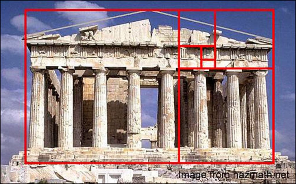 A photo of the Parthenon, a temple in Athens, Greece. The temple is a rectangular building with columns on all sides and a pediment on the top. The image has a red rectangle drawn over the top of the temple. The temple is made of white marble and is in a state of ruin. The sky is blue and there are clouds in the background 