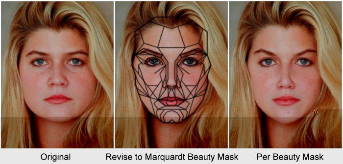  A triptych of three images of a 3 face. The images are identical except for the text below each image. The text below the first image reads “Original”. The text below the second image reads “Revise to Marquardt Beauty Mask”. The text below the third image reads “Per Beauty Mask”.
