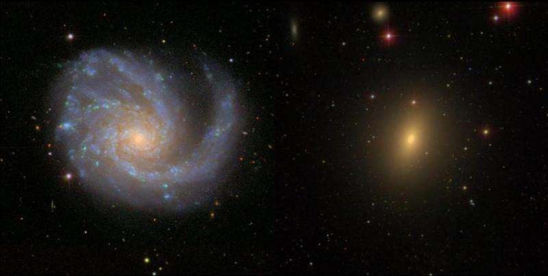  Image of two galaxies in deep space. The left galaxy is a spiral galaxy with a bright center and blue arms. The right galaxy is an elliptical galaxy with a yellowish hue. The background is black with many small stars scattered throughout 1