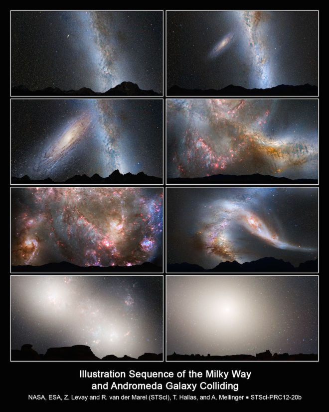The image is a sequence of 8 illustrations in a 2x4 grid. The illustrations depict the Milky Way and Andromeda Galaxy colliding. The images are in a realistic style and are set against a black background. The sequence shows the progression of the collision. The bottom center image has a white text overlay that reads “Illustration Sequence of the Milky Way and Andromeda Galaxy Colliding”. The bottom right image has a white text overlay that reads “NASA, ESA, Z. Levay and R. van der Marel (STScI), T. Hallas, and A. Mellinger - STScI-PRC12-20b” .