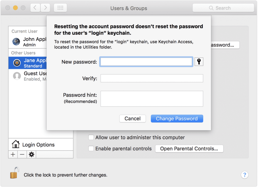 Resetting macbook/mac password using other admin account