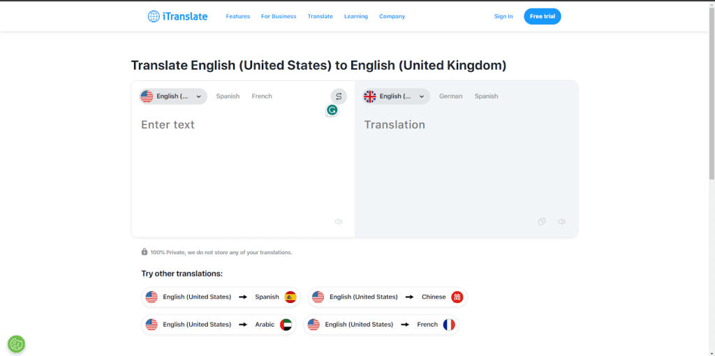 iTranslate Translation Tool Page