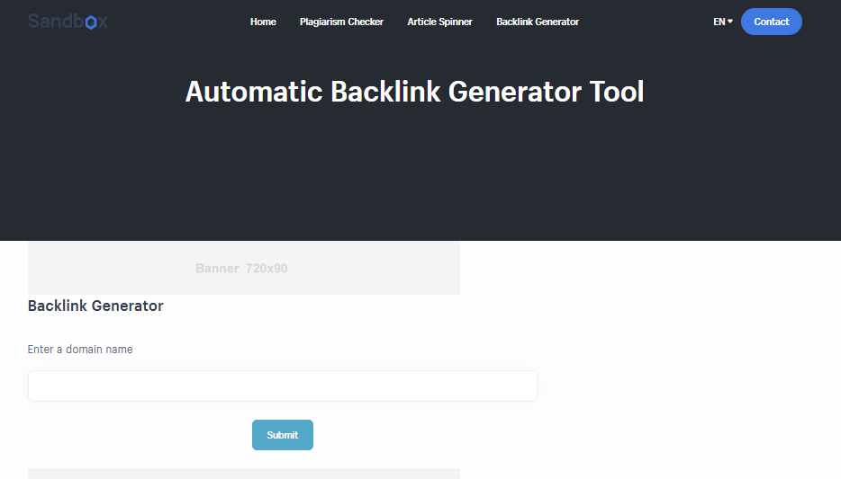 Website screenshot of a backlink generator tool : Rank SEO Tool