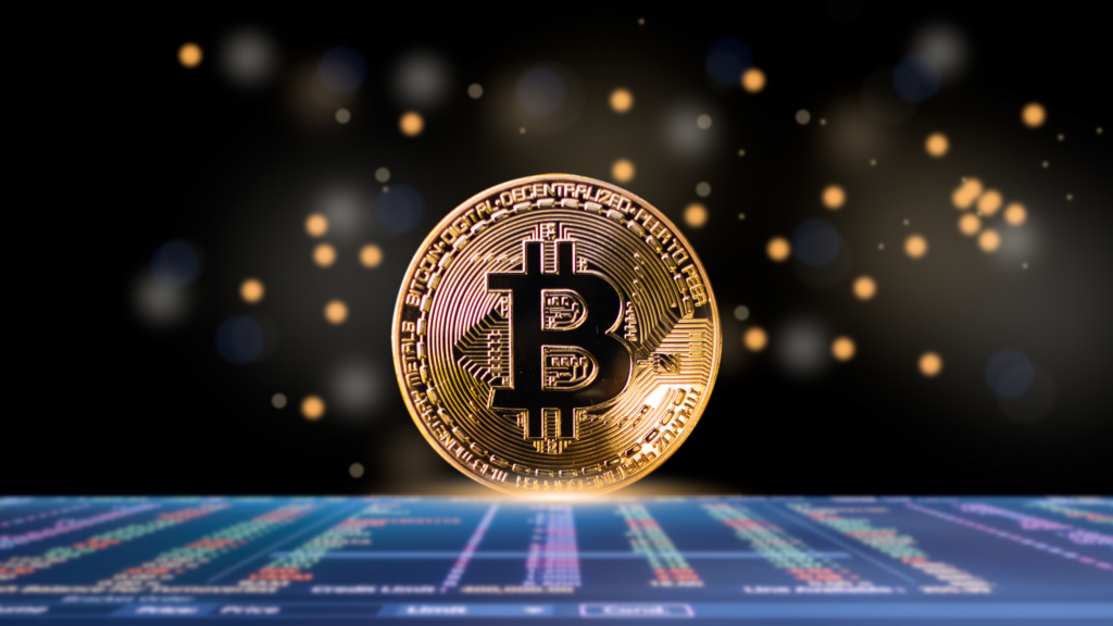 A digital rendering of a bitcoin symbolizing cryptocurrency
