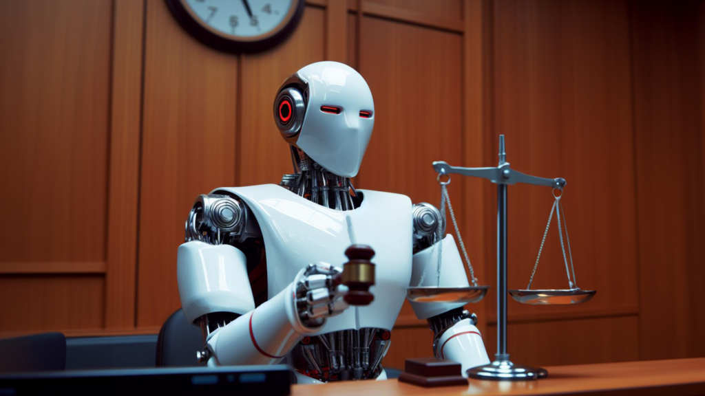 Illustration of a futuristic courtroom, AI lawyers present their arguments before a robot judge.
