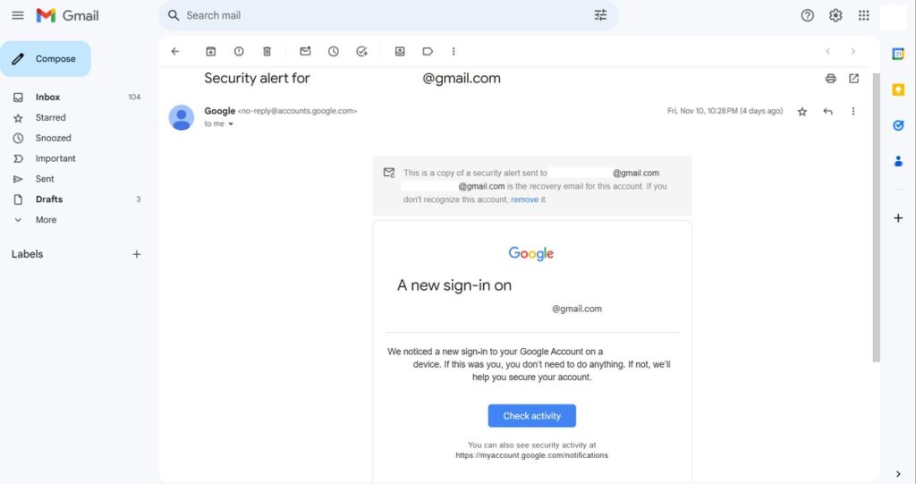 gmail security alerts