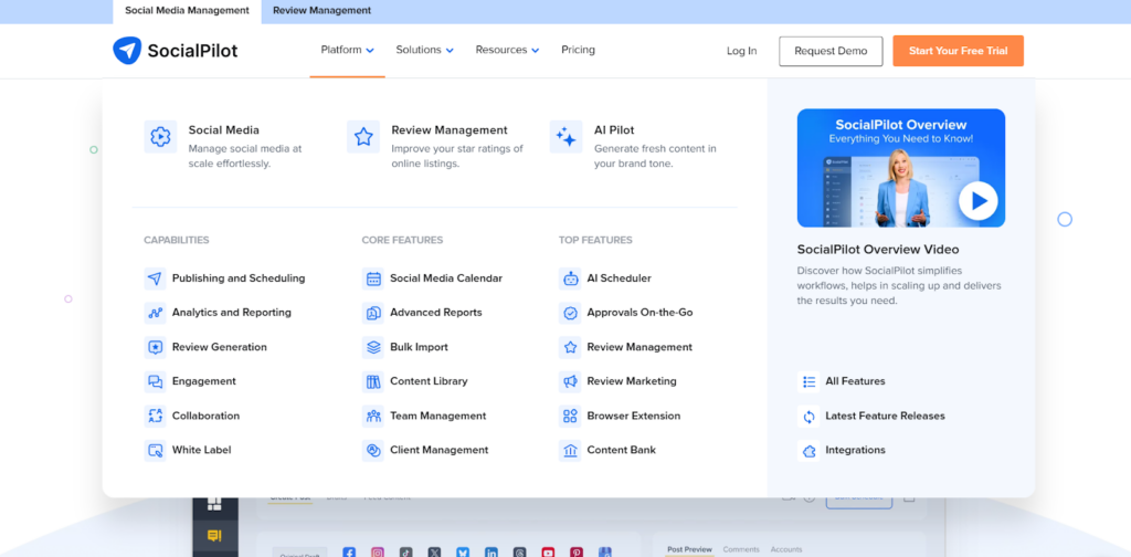SocialPilot with bulk scheduling, review management, and AI tools