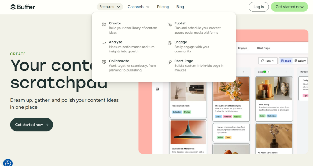 Buffer showcasing a clean interface with scheduling and engagement features.