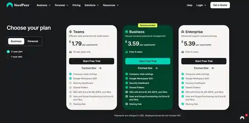 NordPass pricing plans to choose from 