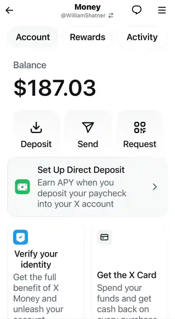 X Money beta interface, Account tab showing core navigation and Direct Deposit prompt