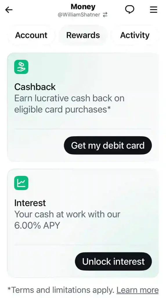 X Money Rewards tab, confirming 6.00% APY and cashback on eligible purchases.