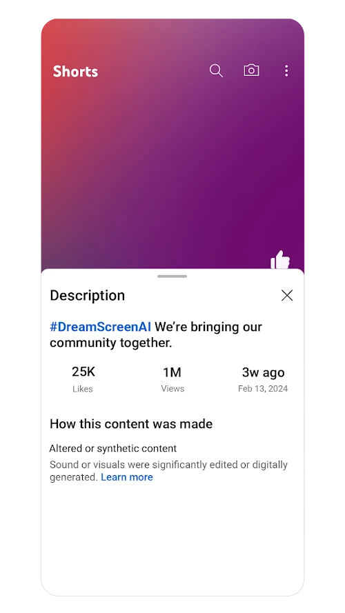 YouTube's "Altered or synthetic content" label as it appears to viewers on a Shorts video - deepfake detection tool