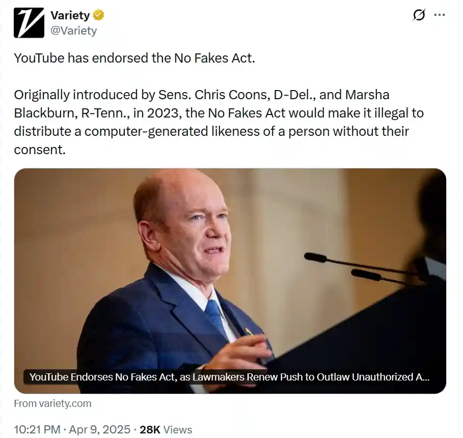 Variety reporting on YouTube's endorsement of the NO FAKES Act in April 2025 